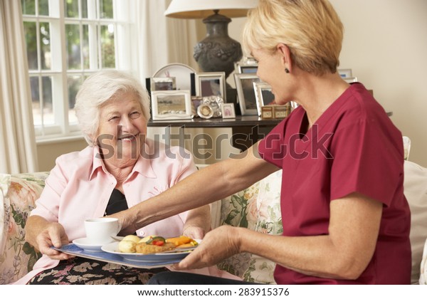 Helper\
Serving Senior Woman With Meal In Care\
Home
