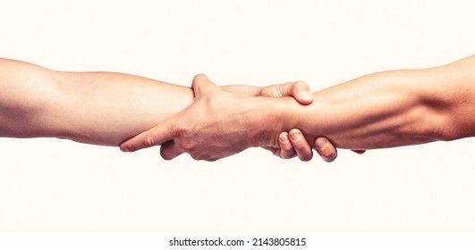 Helping Hand Outstretched, Isolated Arm, Salvation. Close Up Help Hand. Two Hands, Helping Arm Of A Friend, Teamwork.