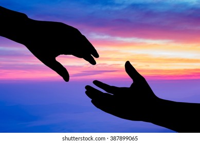 Helping Hand Silhouette On Nature Background, Business Concept