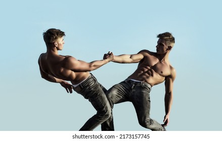 Helping Hand, Support. Men Arm, Salvation. Two Hands, Helping Arm Of A Friends, Teamwork. Rescue, Helping Gesture Or Hands. Strong Hold. Muscular Men Arms.