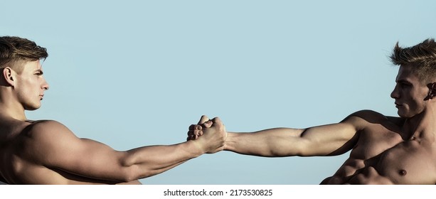 Helping Hand, Support. Men Arm, Salvation. Close Up Help Hand. Two Hands, Helping Arm Of A Friends, Teamwork. Rescue, Helping Gesture Or Hands. Strong Hold. Muscular Men Arms.