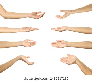 Helping, holding or begging hand. Multiple images set of female caucasian hand with french manicure showing Holding gesture isolated over white background