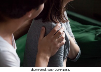 Helping Male Hand Holding Female Shoulder Close Up View, Caring Understanding Man Husband Apologizing Or Comforting Woman Wife Expressing Empathy, Apology, Compassion Or Psychological Support Concept