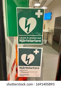 Helsingborg, Sweden - April 2 2020: Sticker With Heart Starter Symbol Pasted On A Glass Wall For Safety.