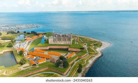 Helsingor, Denmark. A 16th-century castle with a banquet hall and royal chambers. The prototype of Elsinore Castle in the play Hamlet, Aerial View  