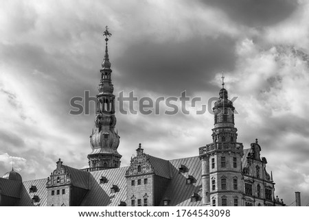 Helsingor. Denmark. 26 July. Towers of Kronborg Castle. Black and white photo. Denmark Landmarks Architecture. Castles.