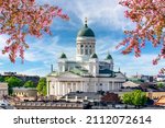 Helsinki Cathedral over city center in spring, Finland