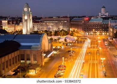 Helsinki Center Aerial View At Night. High Angle View Of Helsinki Downtown On A Summer Night.