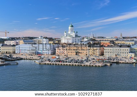 Helsinki cityscape with Helsinki Cathedral, South Harbor and Market Square (Kauppatori), Finland