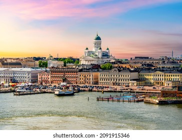Helsinki cityscape and Helsinki cathedral at sunset, Finland