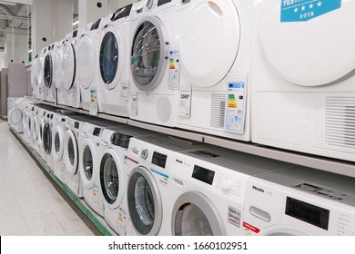 Helsinki, Finland -02-27-2020: Washers And Dryers For Sale In A Supermarket. Having A Reliable Washing Machine And Dryer Is Essential For Homes.