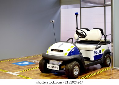 Helsinki, Finland -04-22-2022: First Finnish Police Golf Cart Parked At The Helsinki-Vantaa Airport. 