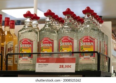 Helsinki , Finland - 07.06.2021: Tequila Bottles On The Shop Shelves. Well Known Brands Of High Quality Booze. Sierra Tequila With Their Price Tags In Euros. Tax Free Store