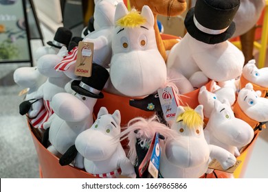 Helsinki, Finland - 5th feb 2020: Moomin toys. Moomin is famous character from Finland