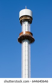 HELSINKI, FINLAND - AUGUST 02, 2016: Linnanmaki Amusement Park, People On The Platform Of Kingi Freefall 75-metre Tower Ride, Tallest Amusement Attraction In Finland (opened In 2014)