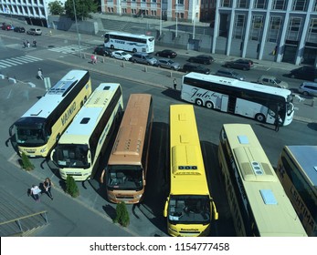 Helsinki / Finland - August 2018: Charter Tourist Buses Standing In Parking Place In Helsinki City Centre Along Street Bird Eye View