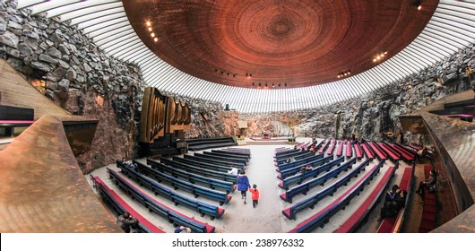 HELSINKI, FINLAND - CIRCA DECEMBER 2014: Interior Of The Famous Temppeliaukio Underground Lutheran Church