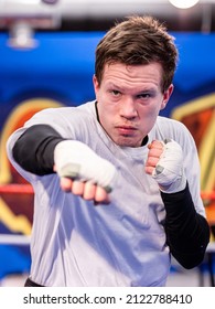 Helsinki, Finland – Feb 10 2022: Professional Welterweight Boxer Oskari Metz Training At Ringside Gym.