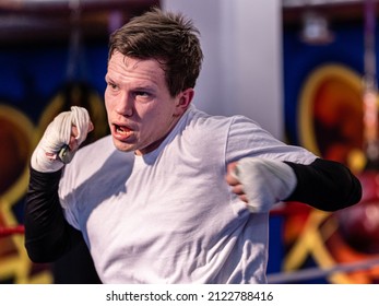 Helsinki, Finland – Feb 10 2022: Professional Welterweight Boxer Oskari Metz Training At Ringside Gym.