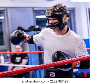 Helsinki, Finland – Feb 10 2022: Professional Welterweight Boxer Oskari Metz Training At Ringside Gym.