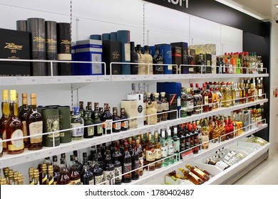 Helsinki, Finland, January 2020. Whisky Bottles On Supermarket Stand. Variety Brand Of Whiskey On Store Shelf.