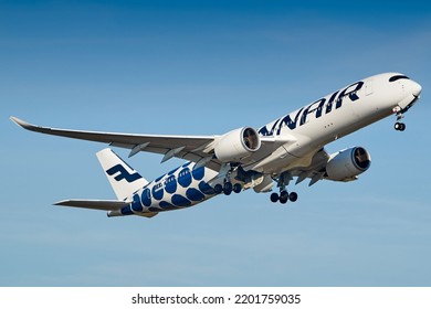 HELSINKI, FINLAND - Jul 22, 2018: The Finnair Plane Flying In The Sky