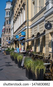 Helsinki, Finland -- July 19, 2019. Photo Of An Outdoor Cafe And Coffee Shop On A Busy Street In Helsinki, Finland.