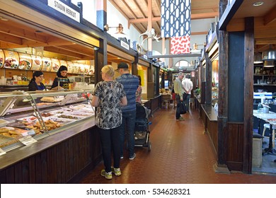 HELSINKI, FINLAND - JULY 21, 2016: Hietalahti Market Hall. Interior