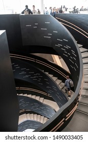 Helsinki, Finland - July 4, 2019: New Helsinki Central Library Building - Oodi. Interior. Double Helix Staircase. Public Library Of 2019 By The International Federation Of Library Associations.