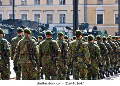HELSINKI, FINLAND - JUNE 04, 2022: The Flag Day of the Finnish Defence Forces in Helsinki.
Troops began marching through the city. Tanks participating in the parade in the background.