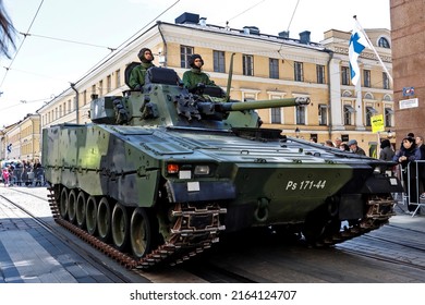 HELSINKI, FINLAND - JUNE 04, 2022: The Flag Day of the Finnish Defence Forces in Helsinki.
The tank participating in the parade drives in the city center.