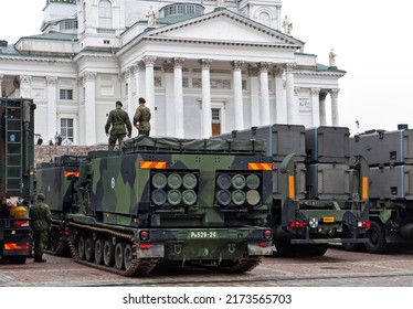 HELSINKI, FINLAND - JUNE 04, 2022: 
The Flag Day of the Finnish Defence Forces in Helsinki . The review of troops was held at the Senate Square. Behind is located Helsinki Cathedral