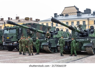 HELSINKI, FINLAND - JUNE 04, 2022: 
The Flag Day of the Finnish Defence Forces in Helsinki . The review of troops was held at the Senate Square near by Helsinki Cathedral.