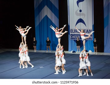 Helsinki, Finland - June 30, 2018: Team Elite From Finland Performing At The ECU European Cheerleading Championships 2018. The Team Won The Bronze Medal On Senior All Girl Premie -category