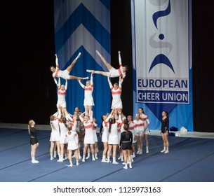 Helsinki, Finland - June 30, 2018: Team Elite From Finland Performing At The ECU European Cheerleading Championships 2018. The Team Won The Bronze Medal On Senior All Girl Premie -category.