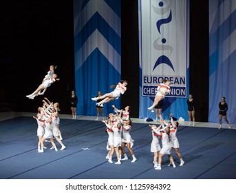 Helsinki, Finland - June 30, 2018: Team Elite From Finland Performing At The ECU European Cheerleading Championships 2018. The Team Won The Bronze Medal On Senior All Girl Premie -category.