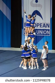 Helsinki, Finland - June 30, 2018: Team Wild Flyers From Finland Performing At The ECU European Cheerleading Championships 2018. The Team Won The Silver Medal On Senior All Girl Premie -category.