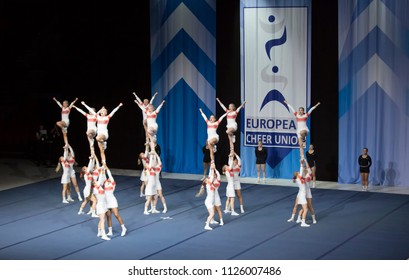 Helsinki, Finland - June 30, 2018: Team Elite From Finland Performing At The ECU European Cheerleading Championships 2018. The Team Won The Bronze Medal On Senior All Girl Premie -category.