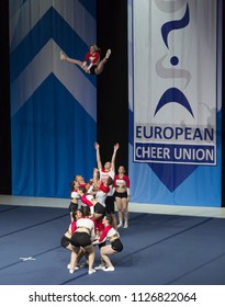 Helsinki, Finland - June 30, 2018: Team Spartan Warrios From Hungary  Performing At The ECU European Cheerleading Championships 2018 On Senior Coed Elite -category.