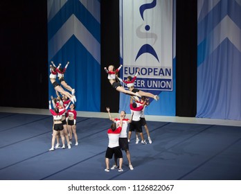 Helsinki, Finland - June 30, 2018: Team Spartan Warrios From Hungary  Performing At The ECU European Cheerleading Championships 2018 On Senior Coed Elite -category.