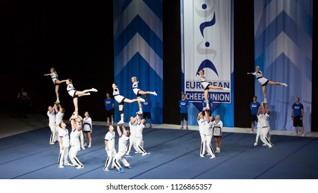 Helsinki, Finland - June 30, 2018: Team Gorillaz From Finland Performing At The ECU European Cheerleading Championships 2018. The Team Won Gold Medal On Senior Coed Premier -category.
