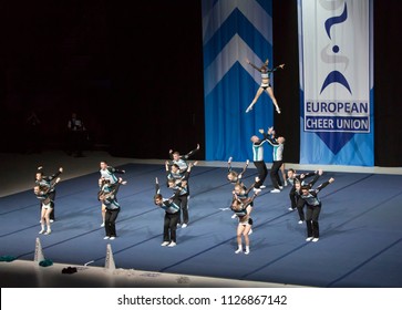 Helsinki, Finland - June 30, 2018: Team Dolphins Coed From Germany Performing At The ECU European Cheerleading Championships 2018 On Senior Coed Premier -category.
