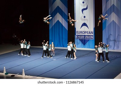 Helsinki, Finland - June 30, 2018: Team Dolphins Coed From Germany Performing At The ECU European Cheerleading Championships 2018 On Senior Coed Premier -category.
