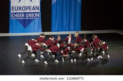 Helsinki, Finland - June 30, 2018: Team BCA Jokers From Germany Performing At The ECU European Cheerleading Championships 2018 On Senior Hip Hop Cheer Dance Teams -gategory.