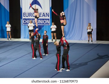 Helsinki, Finland - June 30, 2018: Team Viqueens Force From Norway Performing At The ECU European Cheerleading Championships 2018, The Team Won Bronze Metal On Senior Coed Premier -category.