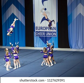 Helsinki, Finland - June 30, 2018: Team Vikings From Austria  Performing At The ECU European Cheerleading Championships 2018 On Senior All Girl Premie -category.