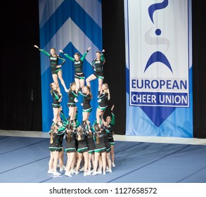 Helsinki, Finland - June 30, 2018: Team ÖBV Fierce Dragons From Austria  Performing At The ECU European Cheerleading Championships 2018 On Senior All Girl Premie -category