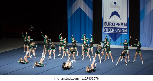 Helsinki, Finland - June 30, 2018: Team ÖBV Fierce Dragons From Austria  Performing At The ECU European Cheerleading Championships 2018 On Senior All Girl Premie -category