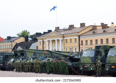 HELSINKI, FINLAND - JUNE 4, 2022:
Defense Forces Flag Day in Helsinki. The viewing of the troops was held at Senatintor in the downtown area of Helsinki.