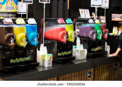 HELSINKI, FINLAND - MARCH 11, 2020: Slush Making Machines for preparation Slushy Smoothie during the Show Gastro Helsinki - big trade fair for the hotel, restaurant and catering industry
